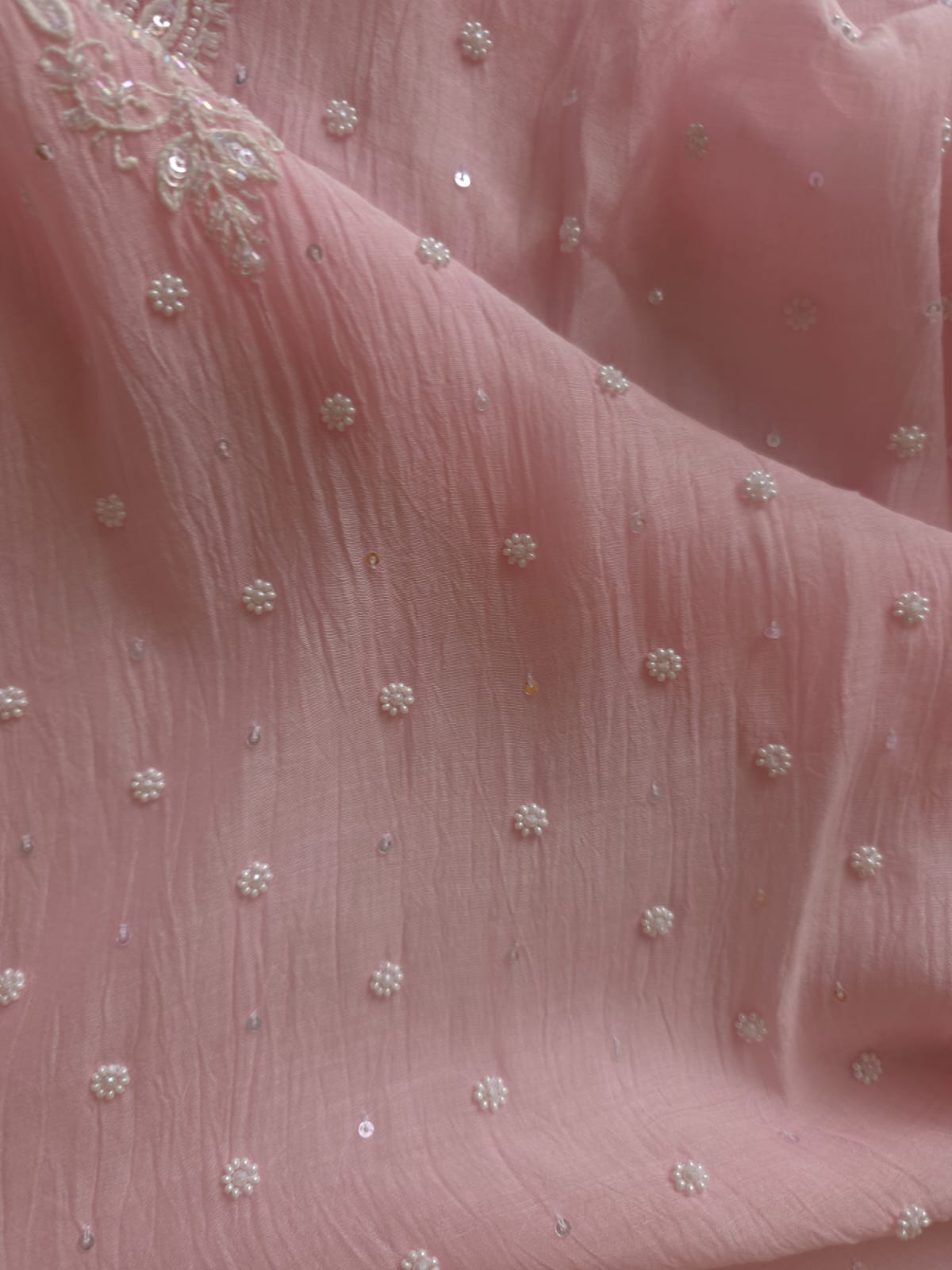 Pink Mul chanderi Semi Stitched Kurta dupatta with Pearl and sequins work