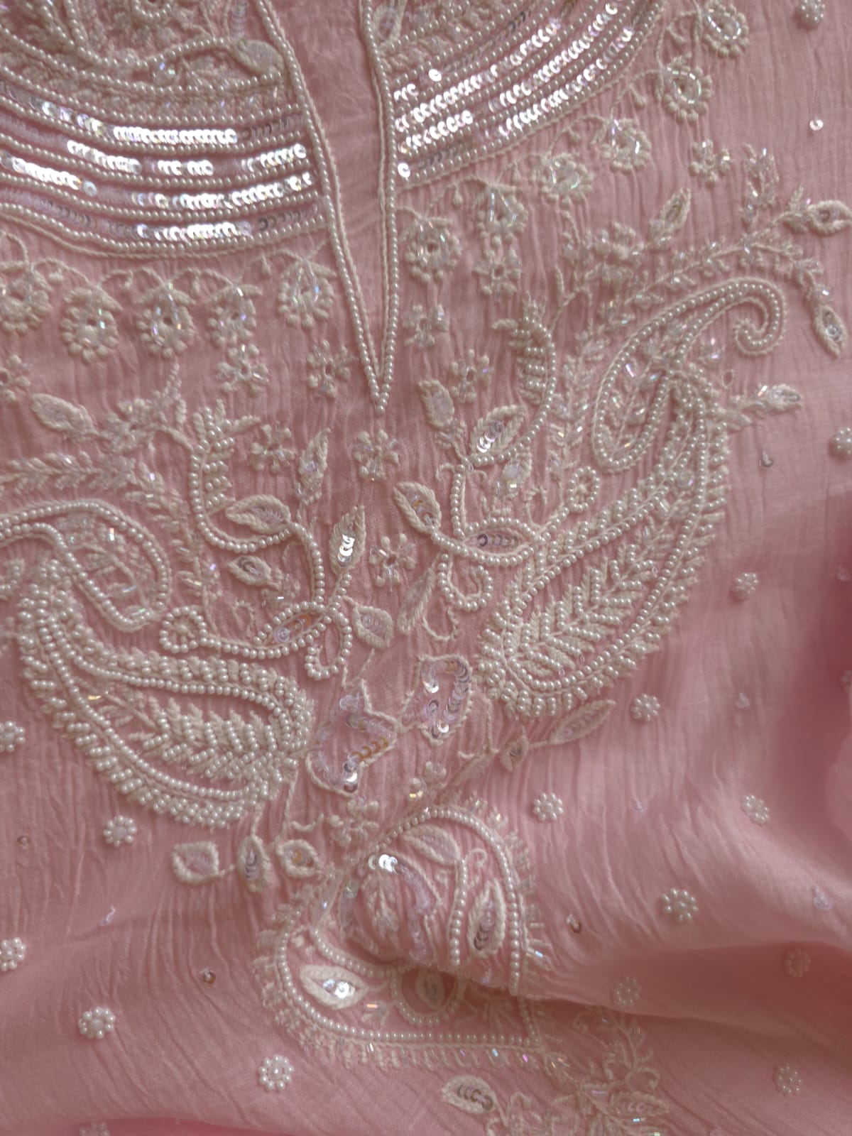 Pink Mul chanderi Semi Stitched Kurta dupatta with Pearl and sequins work