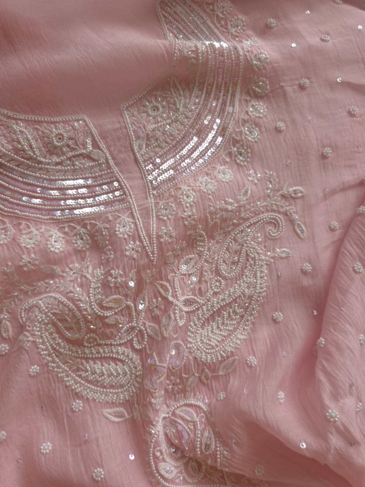 Pink Mul chanderi Semi Stitched Kurta dupatta with Pearl and sequins work