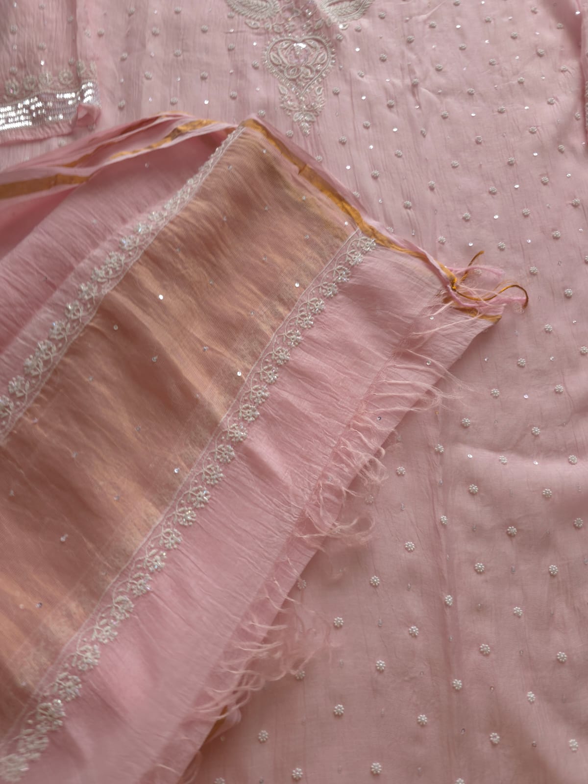 Pink Mul chanderi Semi Stitched Kurta dupatta with Pearl and sequins work