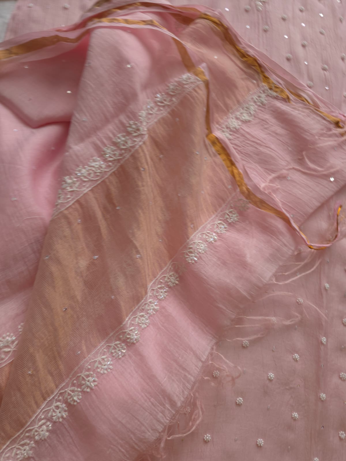 Pink Mul chanderi Semi Stitched Kurta dupatta with Pearl and sequins work