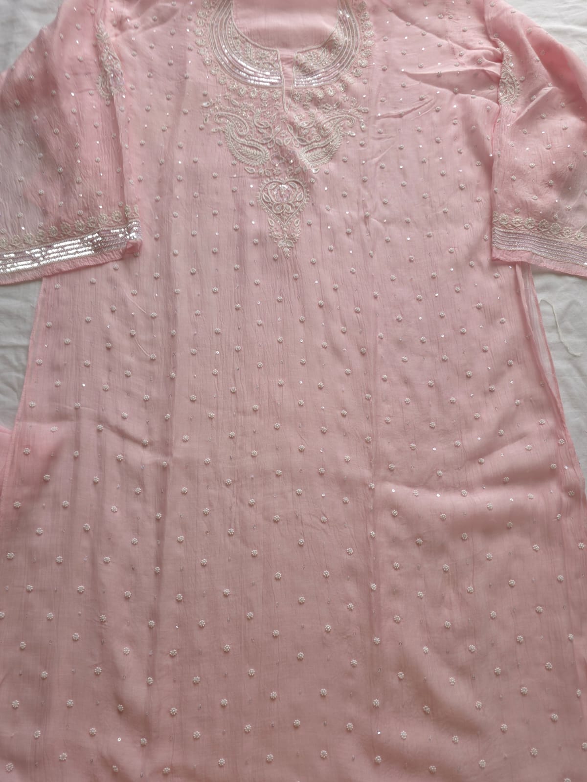 Pink Mul chanderi Semi Stitched Kurta dupatta with Pearl and sequins work