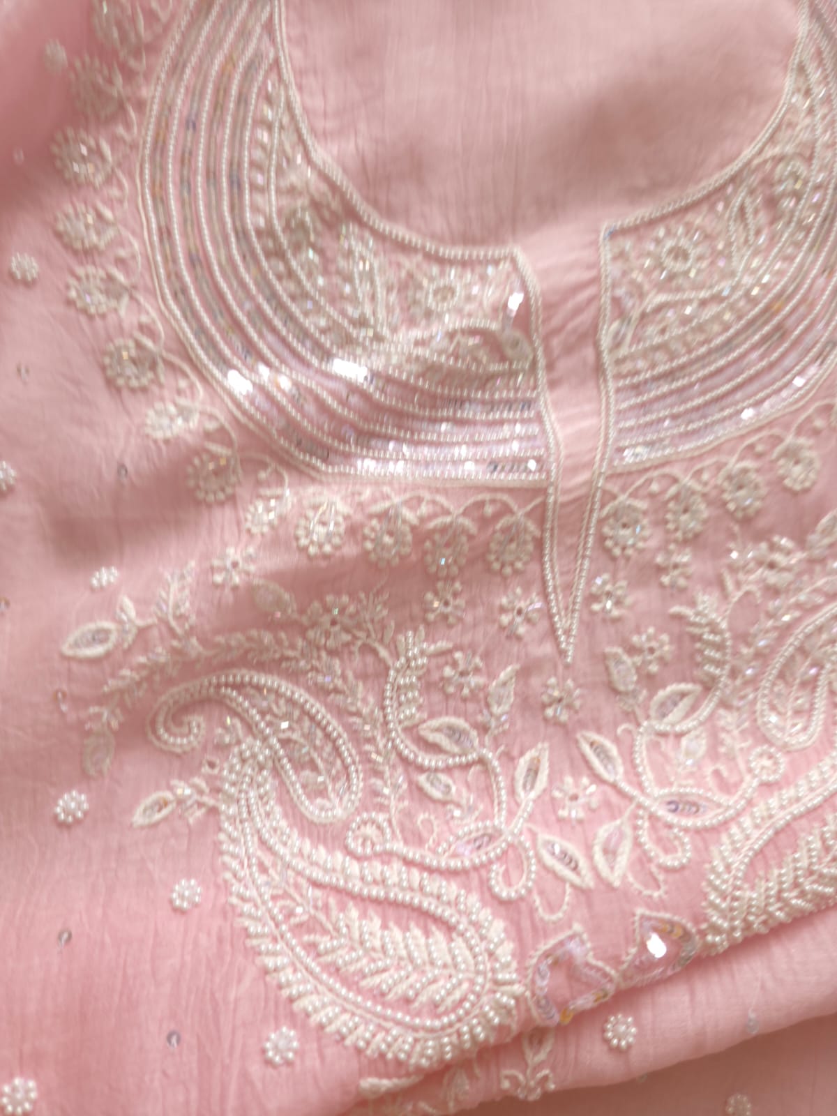 Pink Mul chanderi Semi Stitched Kurta dupatta with Pearl and sequins work
