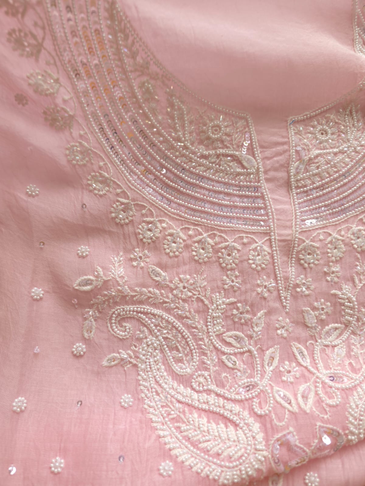 Pink Mul chanderi Semi Stitched Kurta dupatta with Pearl and sequins work