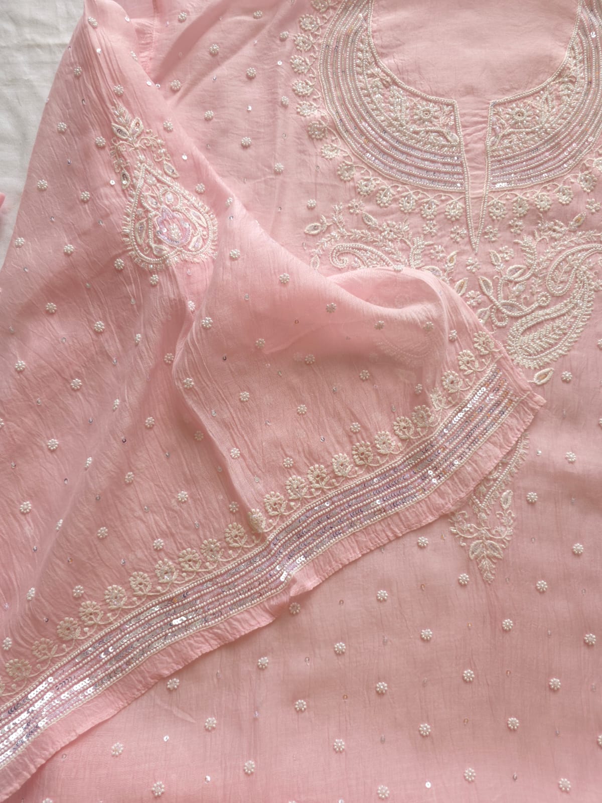 Pink Mul chanderi Semi Stitched Kurta dupatta with Pearl and sequins work