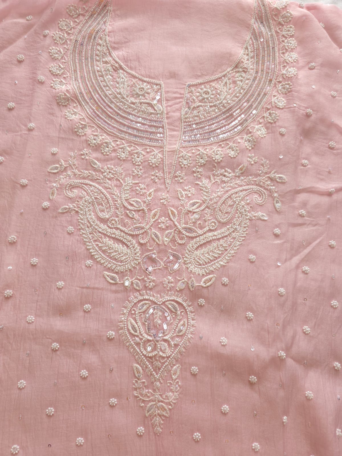 Pink Mul chanderi Semi Stitched Kurta dupatta with Pearl and sequins work