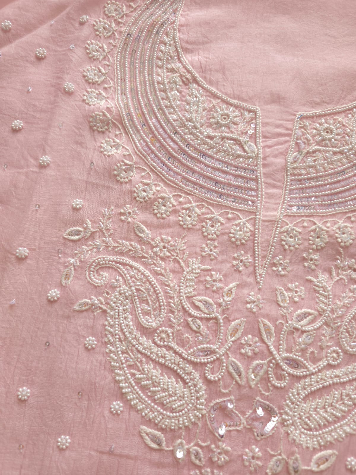 Pink Mul chanderi Semi Stitched Kurta dupatta with Pearl and sequins work