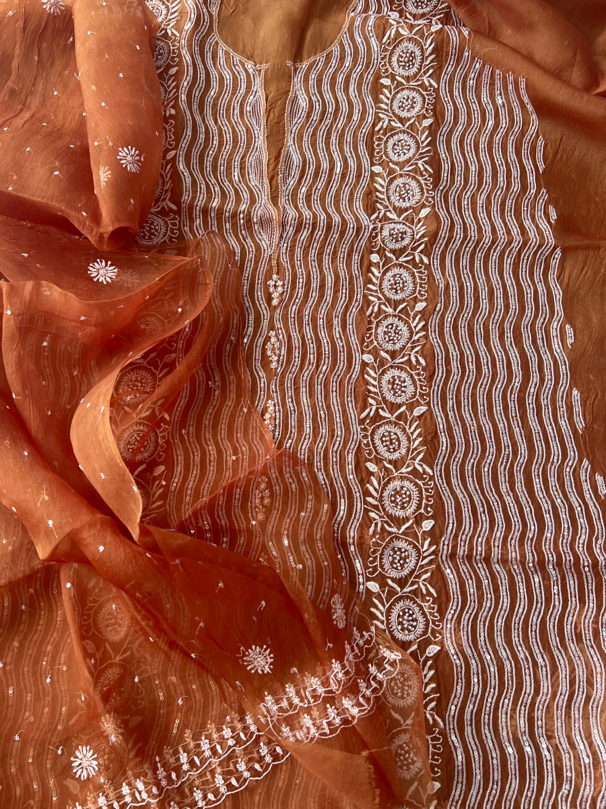 Copper Color Pure organza silk Kurta and Dupatta set with intricate chikankari and heavy embellishments