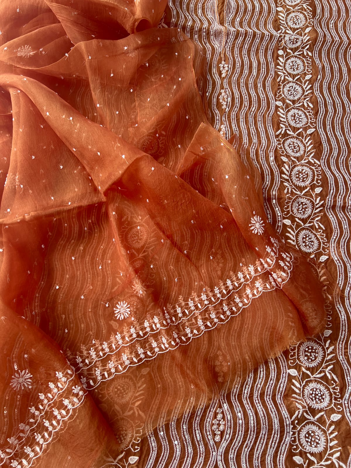 Copper Color Pure organza silk Kurta and Dupatta set with intricate chikankari and heavy embellishments