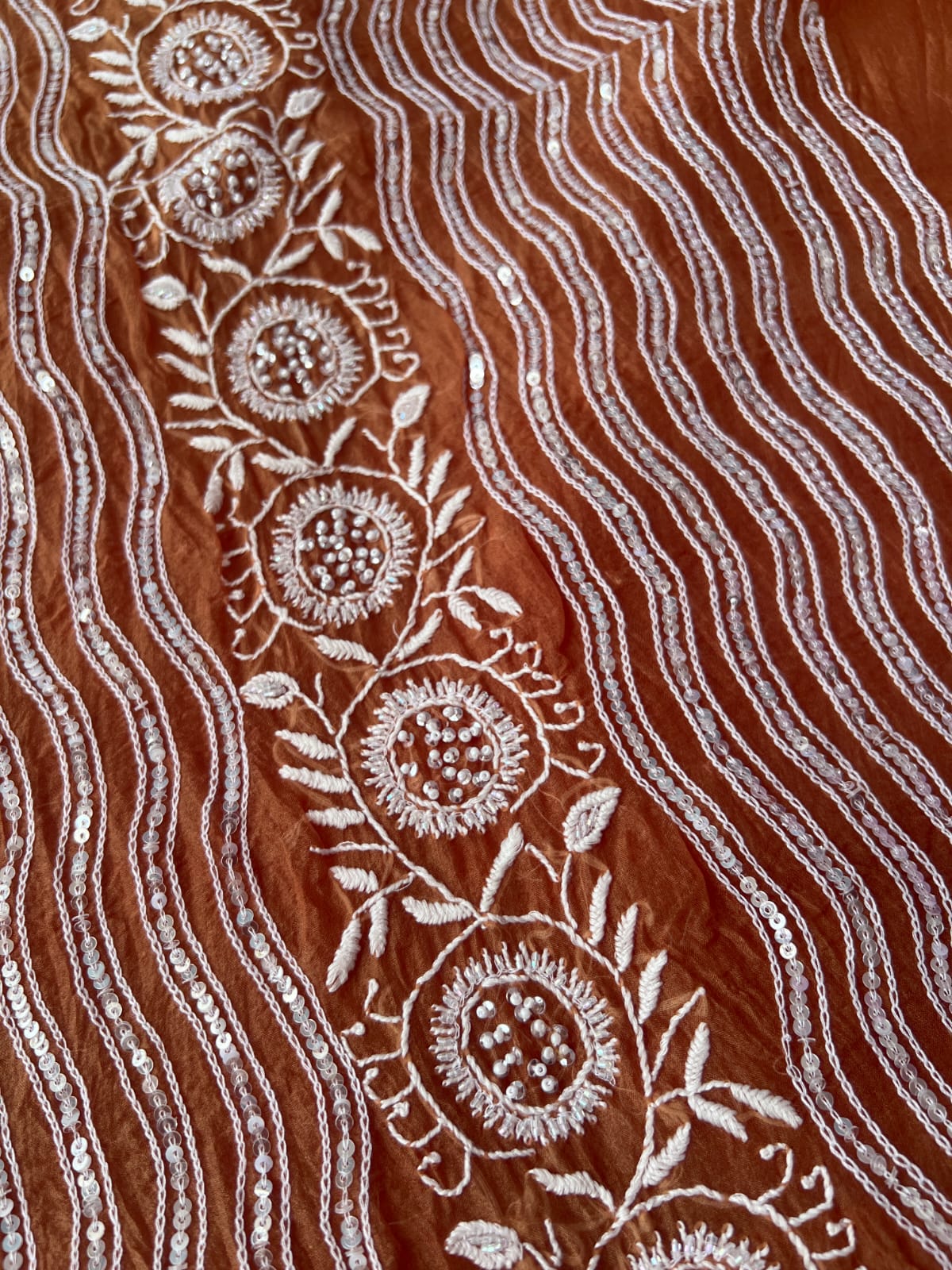 Copper Color Pure organza silk Kurta and Dupatta set with intricate chikankari and heavy embellishments