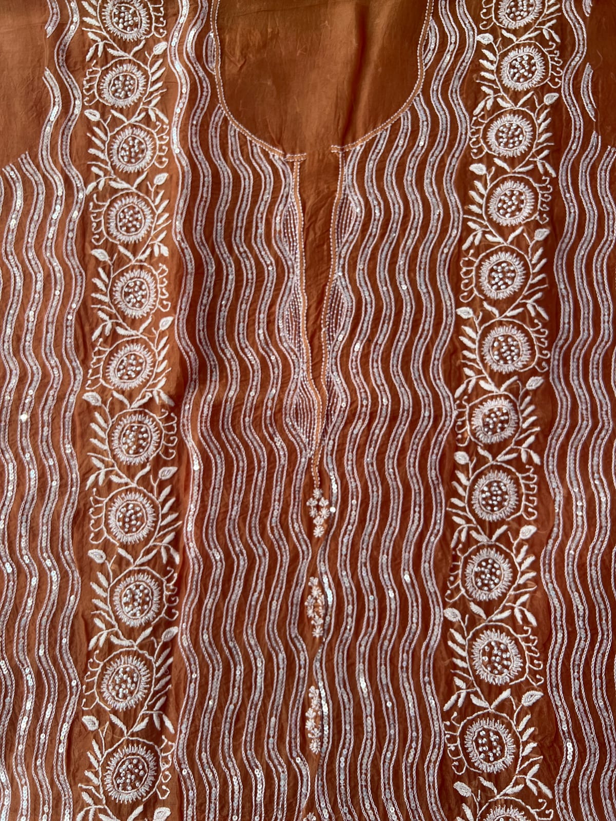 Copper Color Pure organza silk Kurta and Dupatta set with intricate chikankari and heavy embellishments