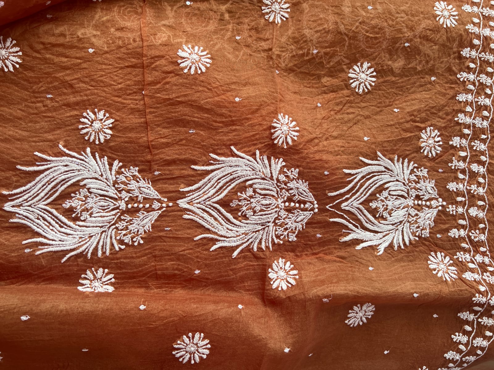 Copper Color Pure organza silk Kurta and Dupatta set with intricate chikankari and heavy embellishments