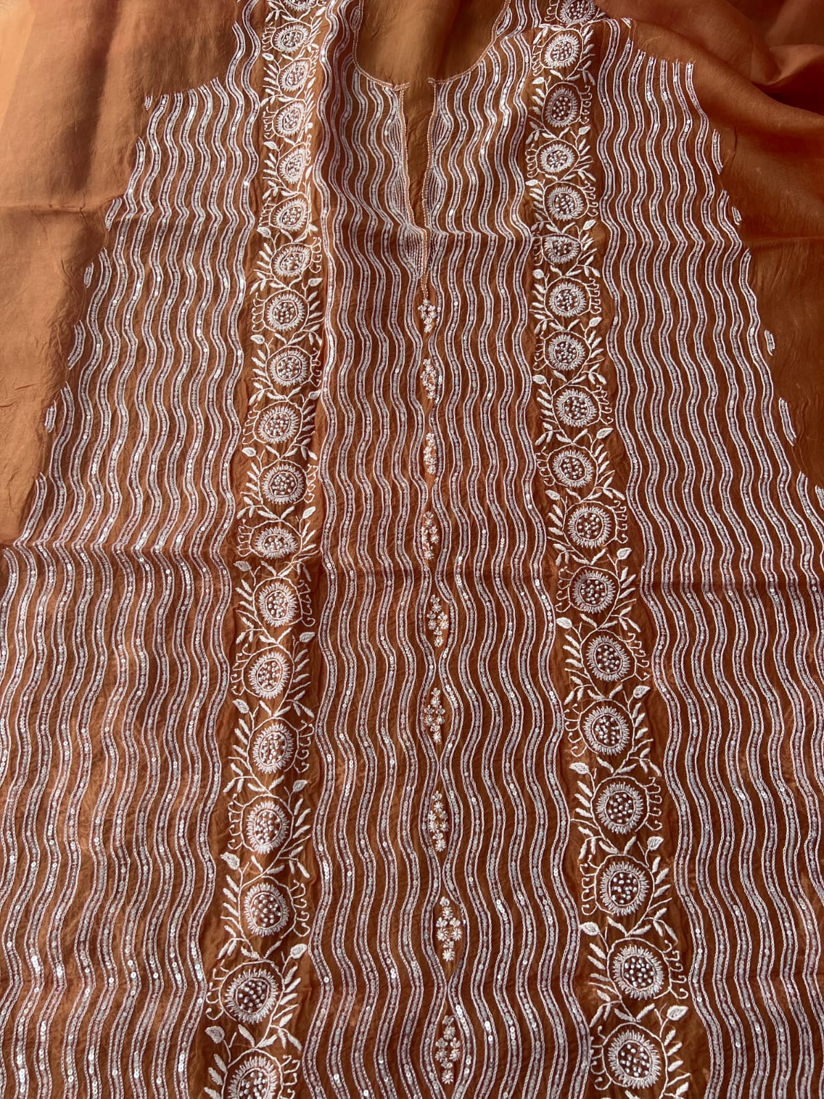 Copper Color Pure organza silk Kurta and Dupatta set with intricate chikankari and heavy embellishments
