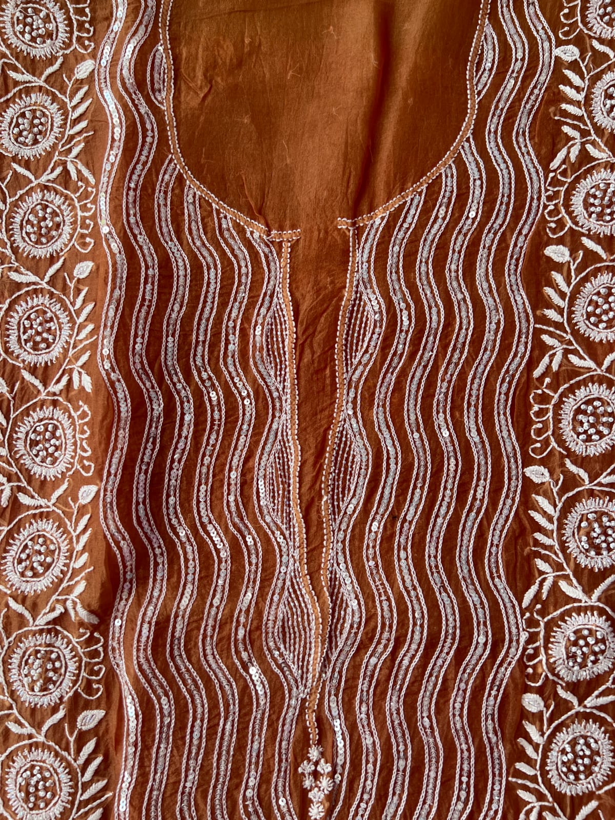 Copper Color Pure organza silk Kurta and Dupatta set with intricate chikankari and heavy embellishments