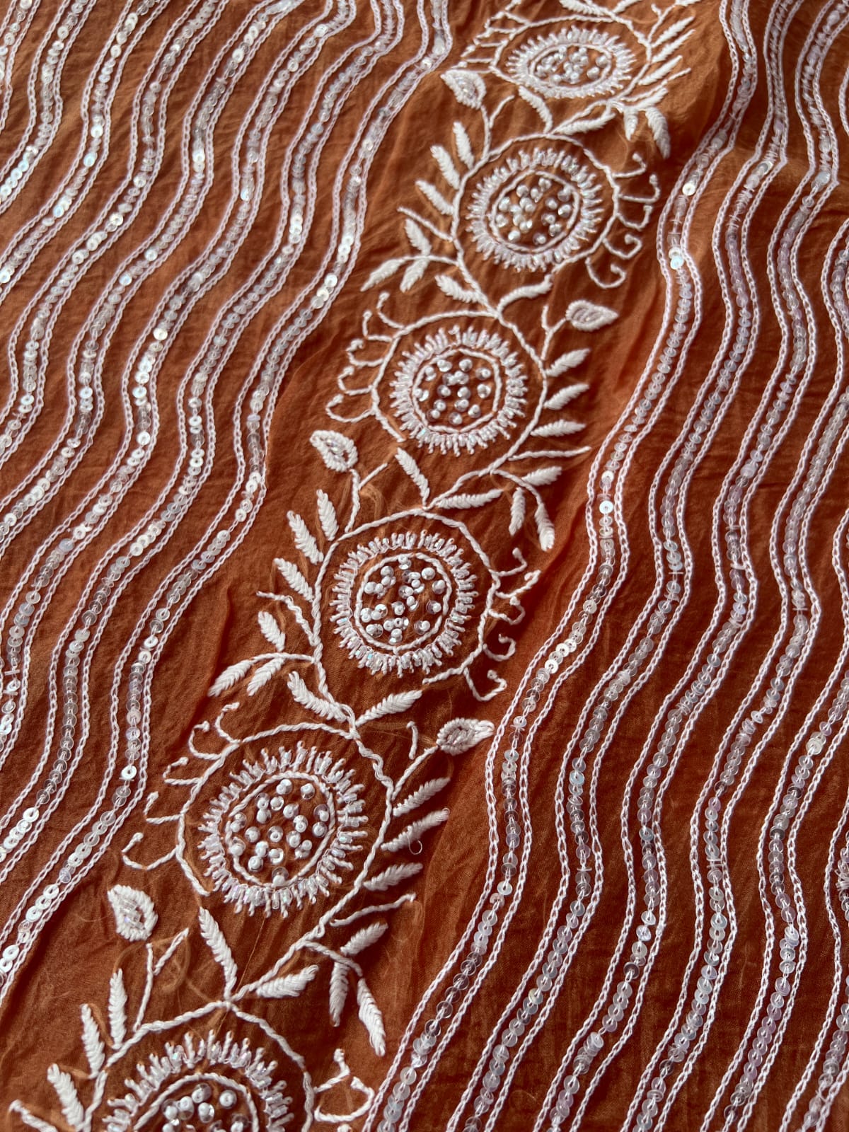 Copper Color Pure organza silk Kurta and Dupatta set with intricate chikankari and heavy embellishments