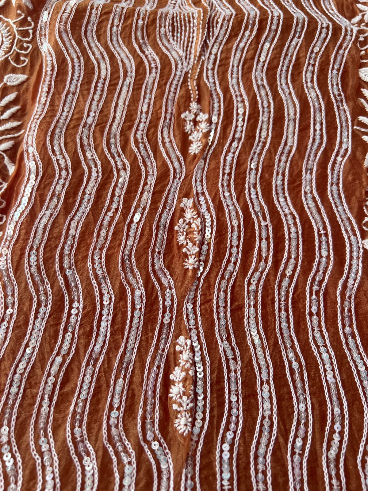 Copper Color Pure organza silk Kurta and Dupatta set with intricate chikankari and heavy embellishments