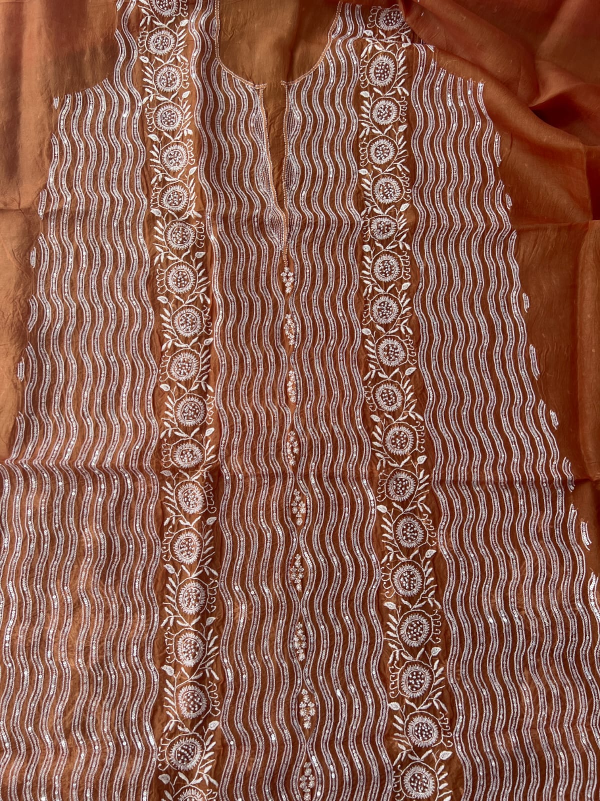 Copper Color Pure organza silk Kurta and Dupatta set with intricate chikankari and heavy embellishments