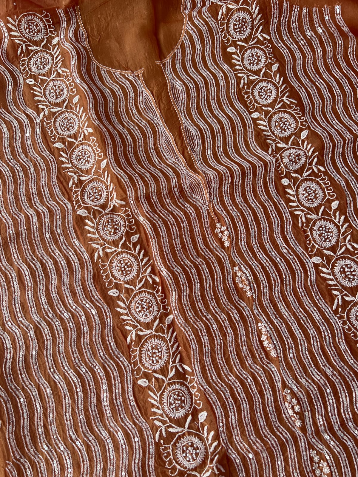 Copper Color Pure organza silk Kurta and Dupatta set with intricate chikankari and heavy embellishments