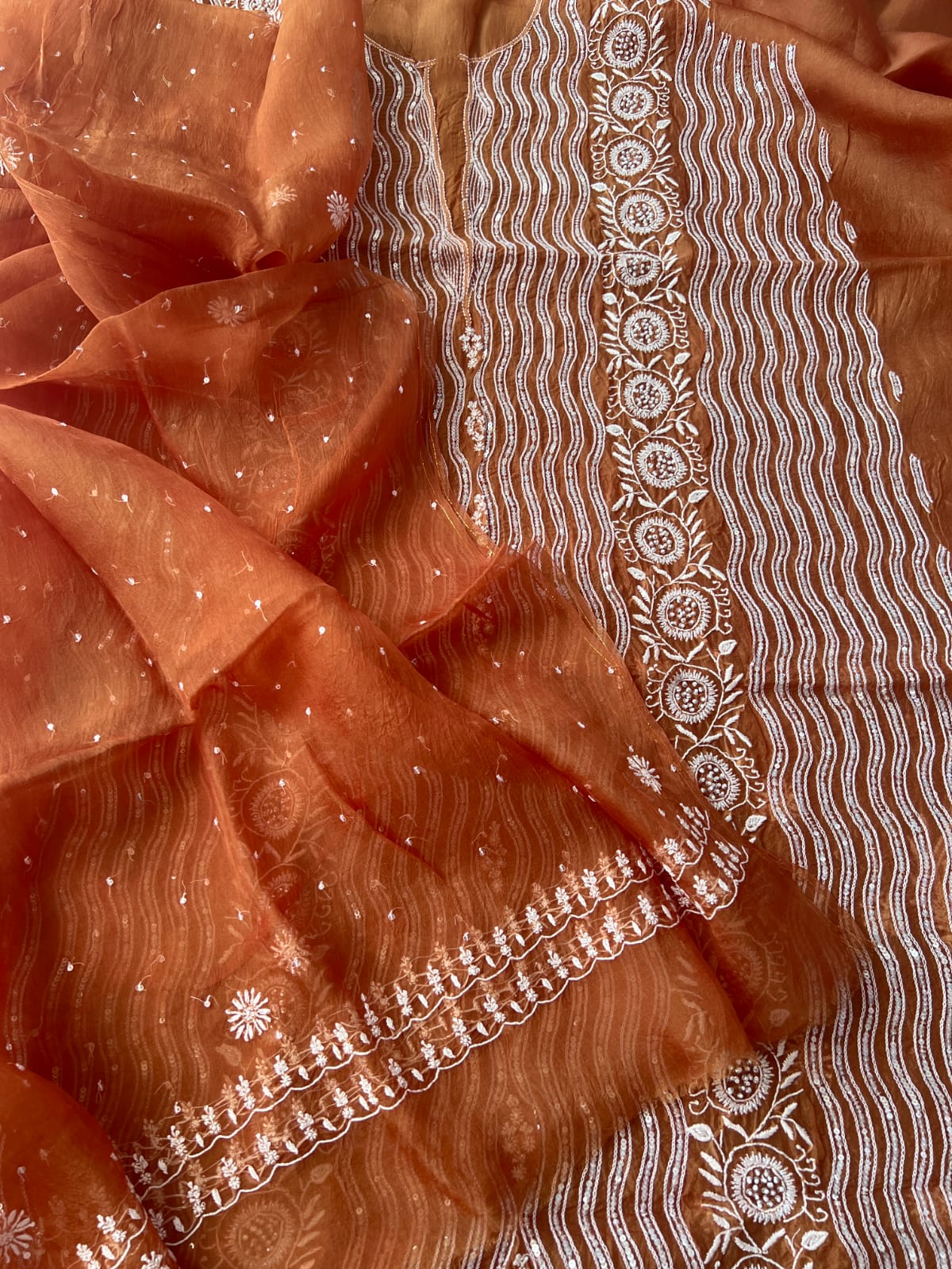 Copper Color Pure organza silk Kurta and Dupatta set with intricate chikankari and heavy embellishments