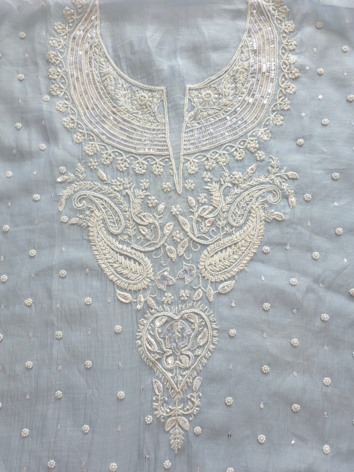 Powder Blue Mul Chanderi Semi stitched kurta and dupatta set with Pearl Sequins work
