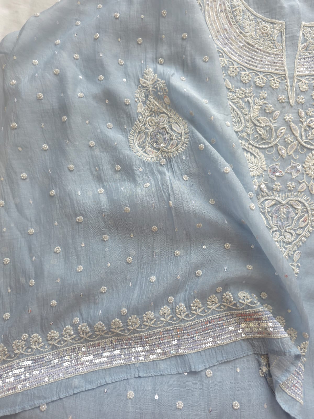 Powder Blue Mul Chanderi Semi stitched kurta and dupatta set with Pearl Sequins work