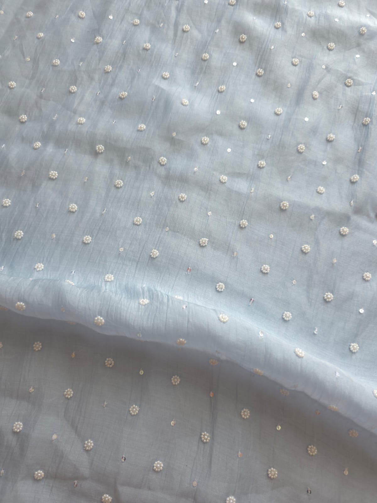 Powder Blue Mul Chanderi Semi stitched kurta and dupatta set with Pearl Sequins work