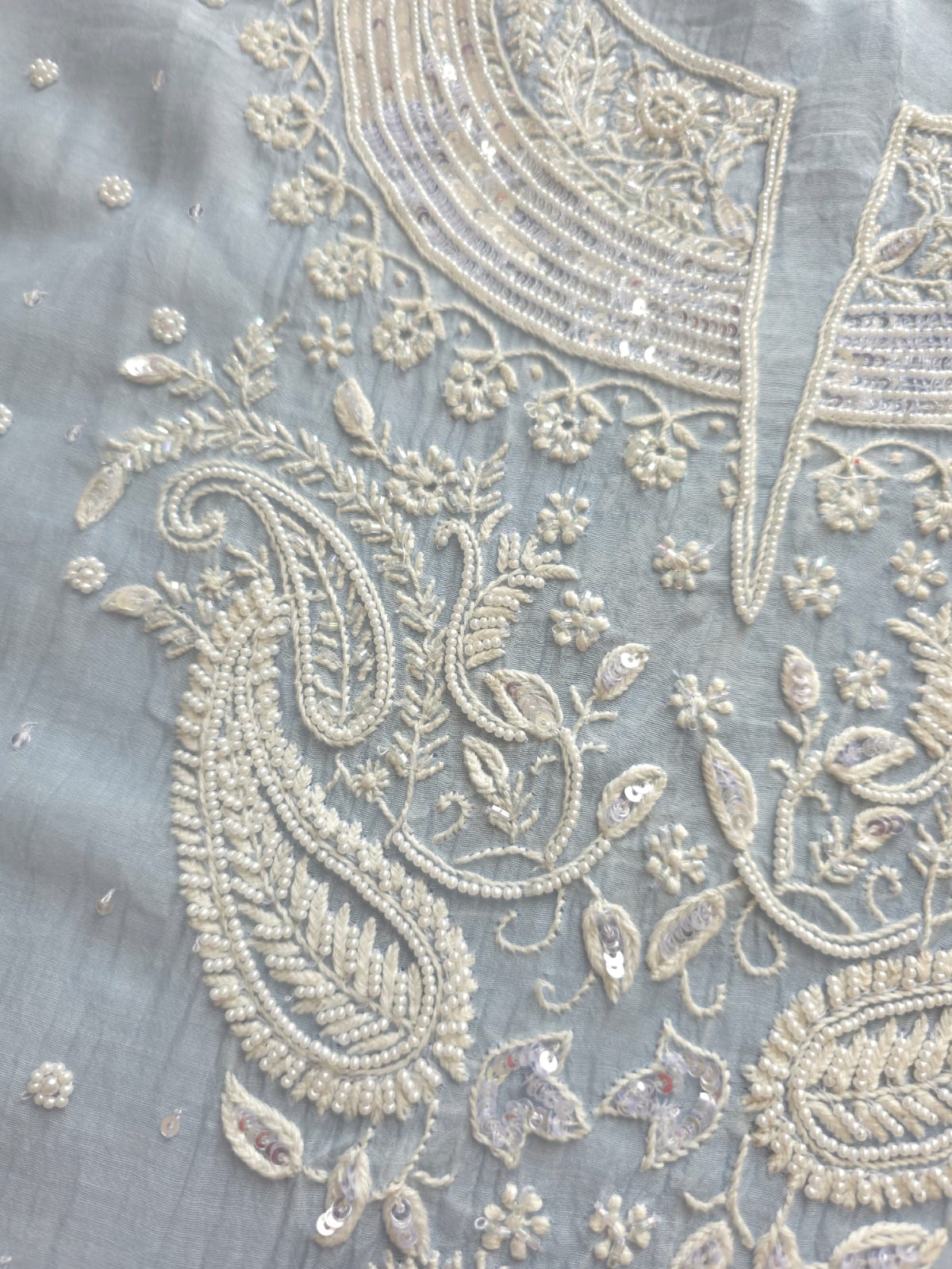 Powder Blue Mul Chanderi Semi stitched kurta and dupatta set with Pearl Sequins work