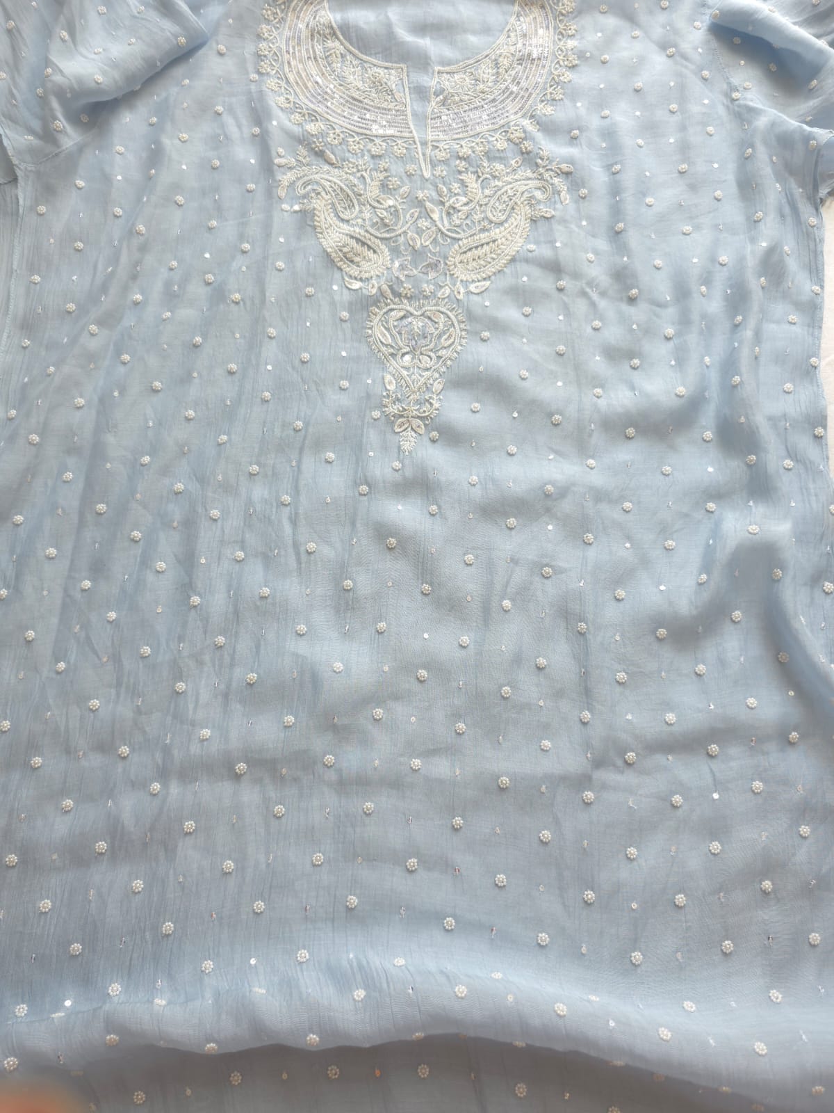 Powder Blue Mul Chanderi Semi stitched kurta and dupatta set with Pearl Sequins work