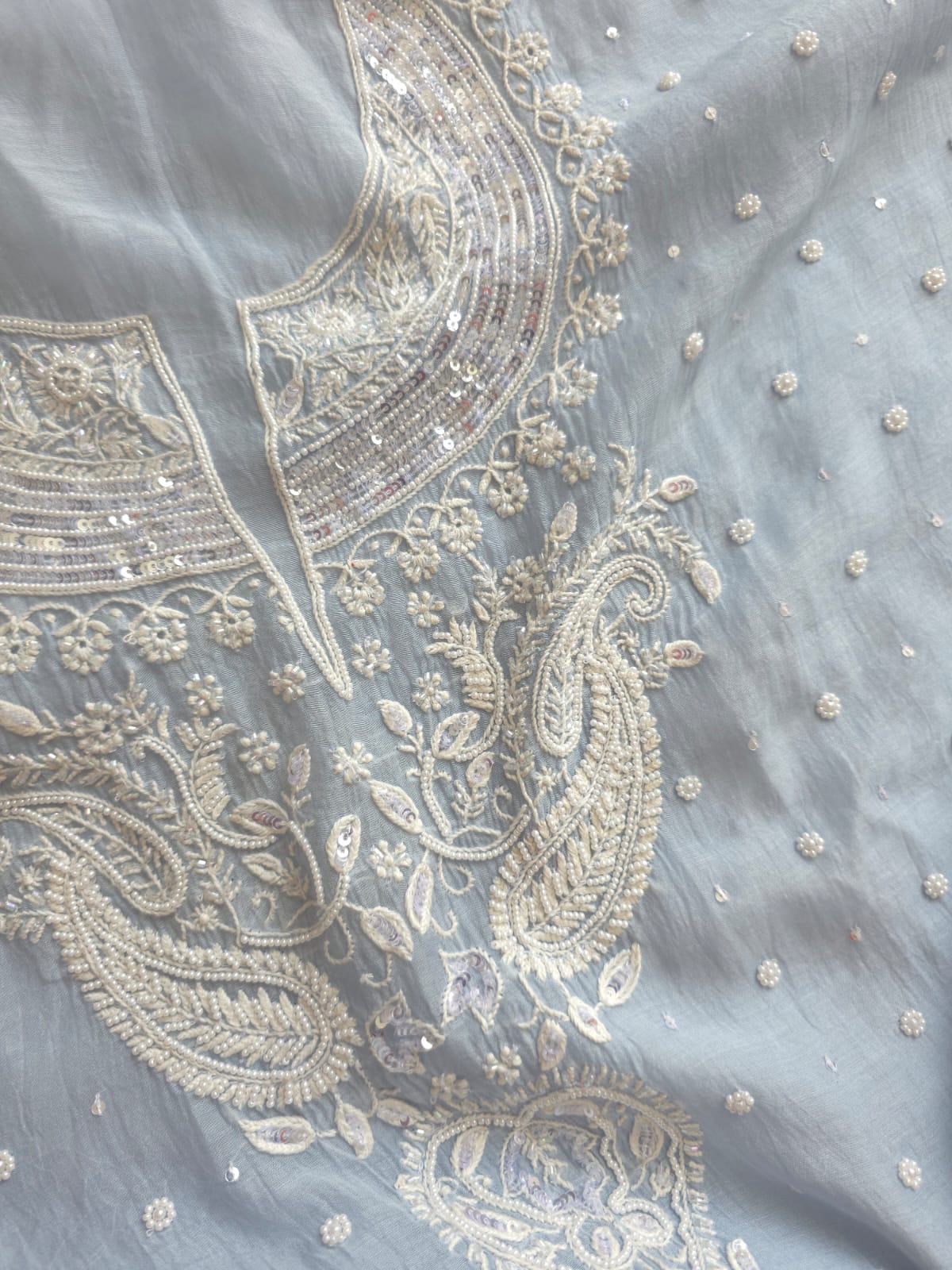 Powder Blue Mul Chanderi Semi stitched kurta and dupatta set with Pearl Sequins work
