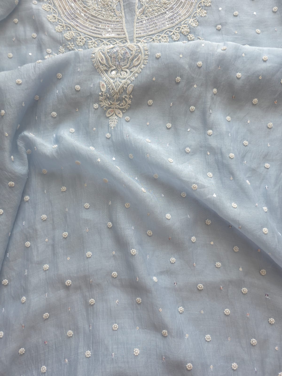Powder Blue Mul Chanderi Semi stitched kurta and dupatta set with Pearl Sequins work