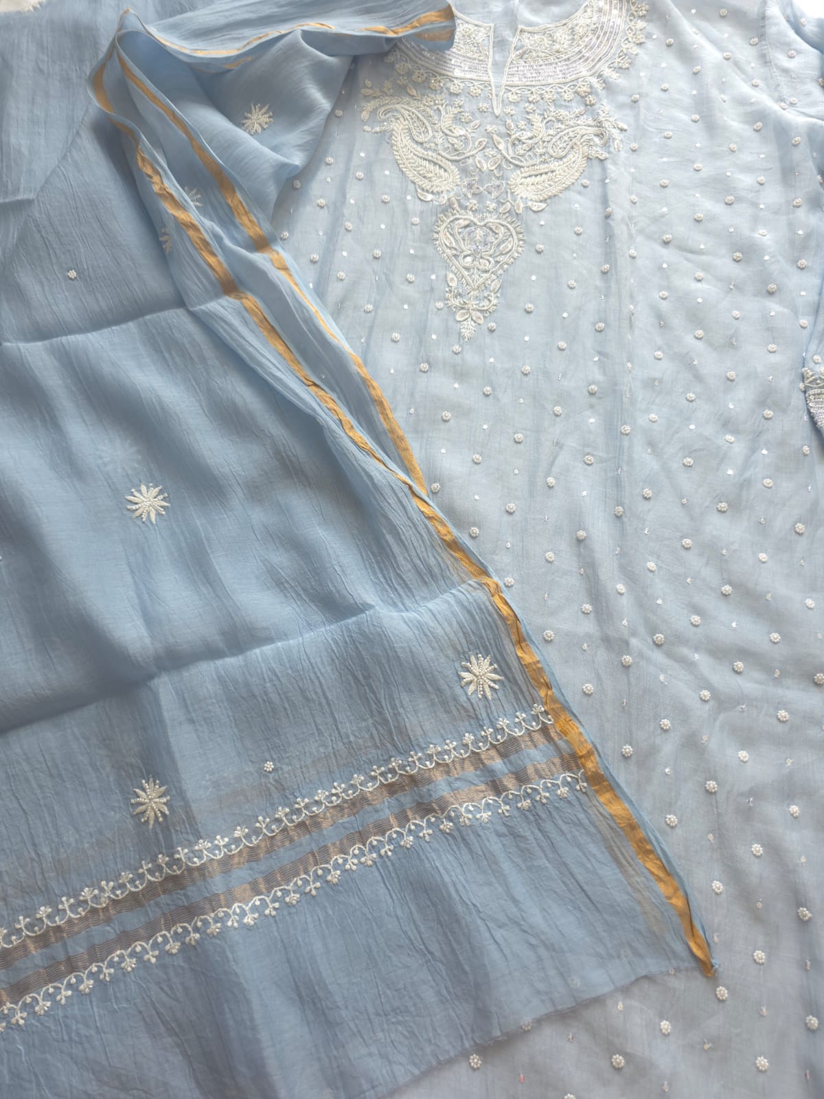 Powder Blue Mul Chanderi Semi stitched kurta and dupatta set with Pearl Sequins work