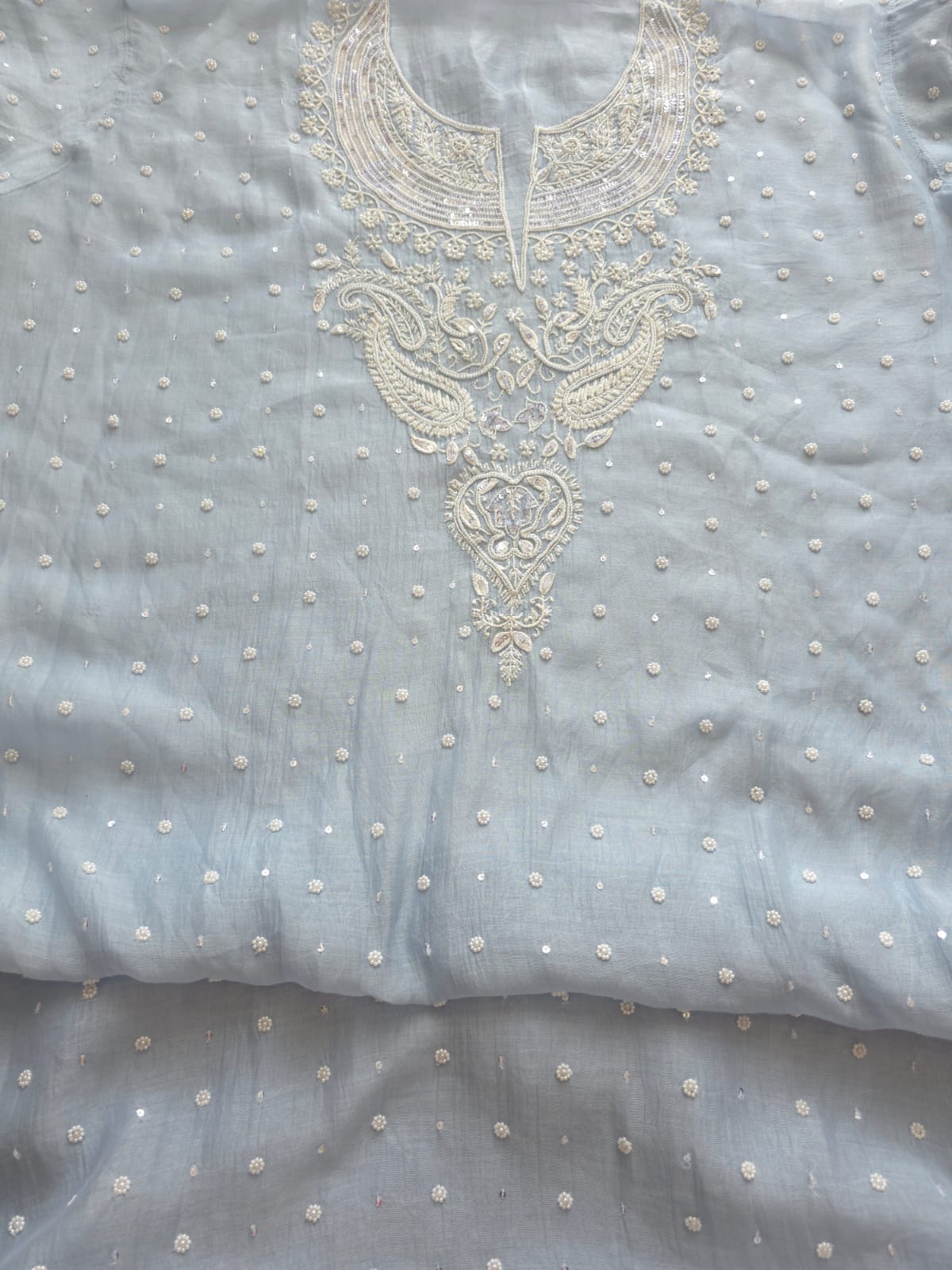 Powder Blue Mul Chanderi Semi stitched kurta and dupatta set with Pearl Sequins work