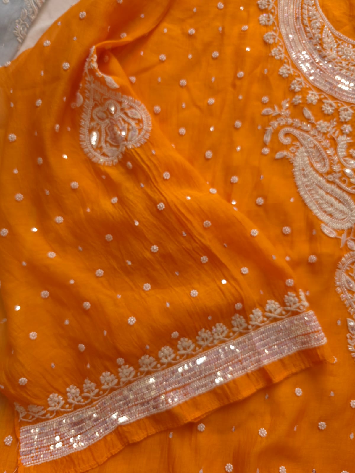 Orange Mul Chanderi Semi stitched kurta and dupatta set with Pearl Sequins work