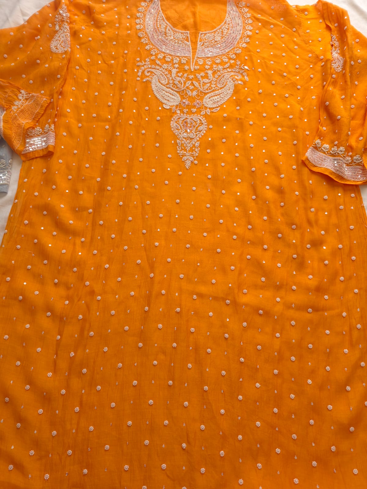 Orange Mul Chanderi Semi stitched kurta and dupatta set with Pearl Sequins work