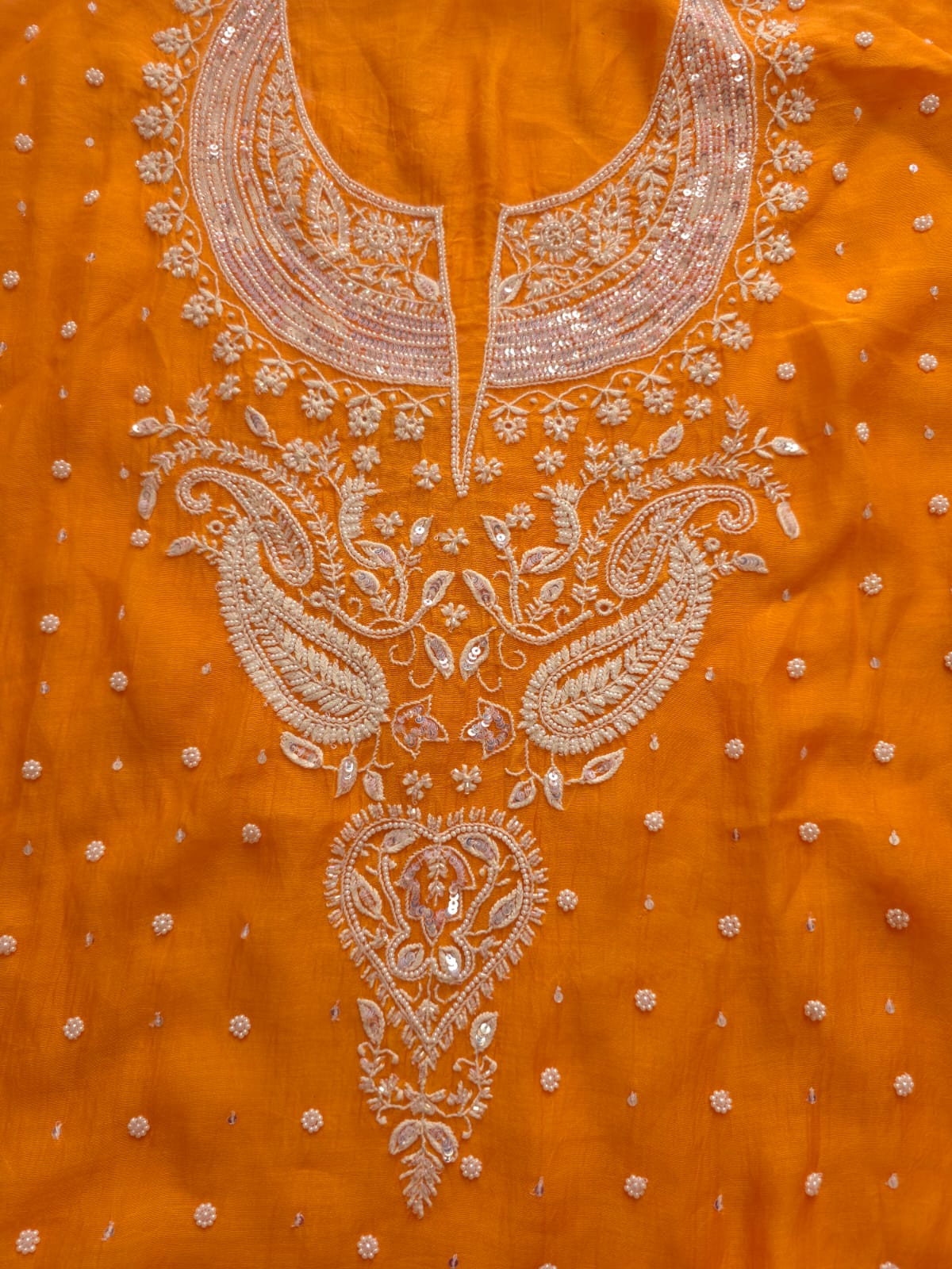 Orange Mul Chanderi Semi stitched kurta and dupatta set with Pearl Sequins work