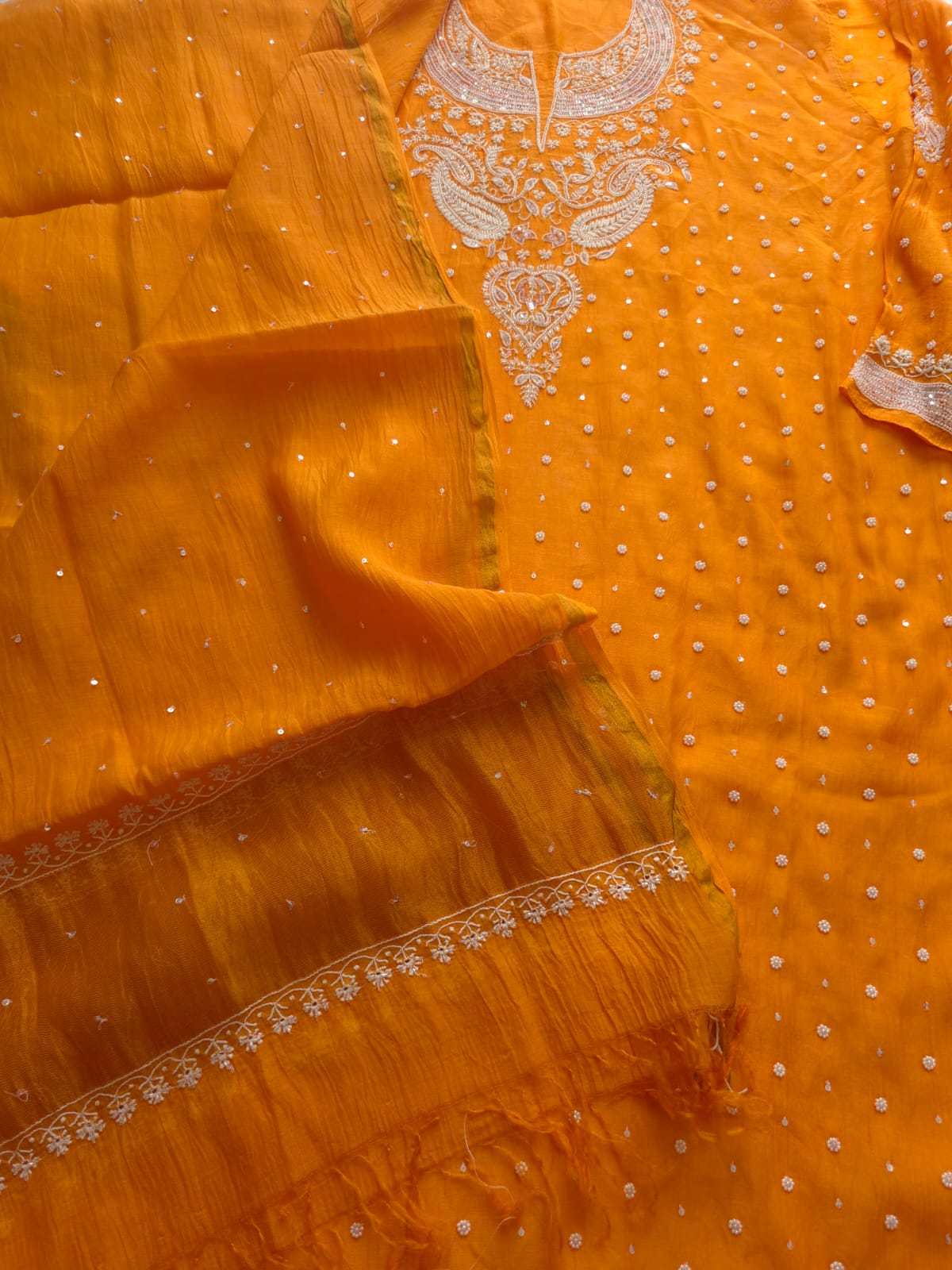 Orange Mul Chanderi Semi stitched kurta and dupatta set with Pearl Sequins work
