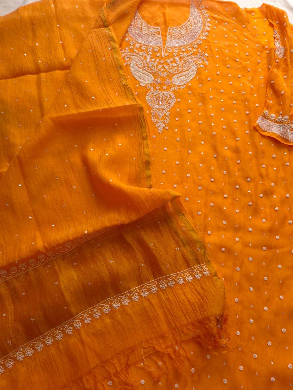 Orange Mul Chanderi Semi stitched kurta and dupatta set with Pearl Sequins work