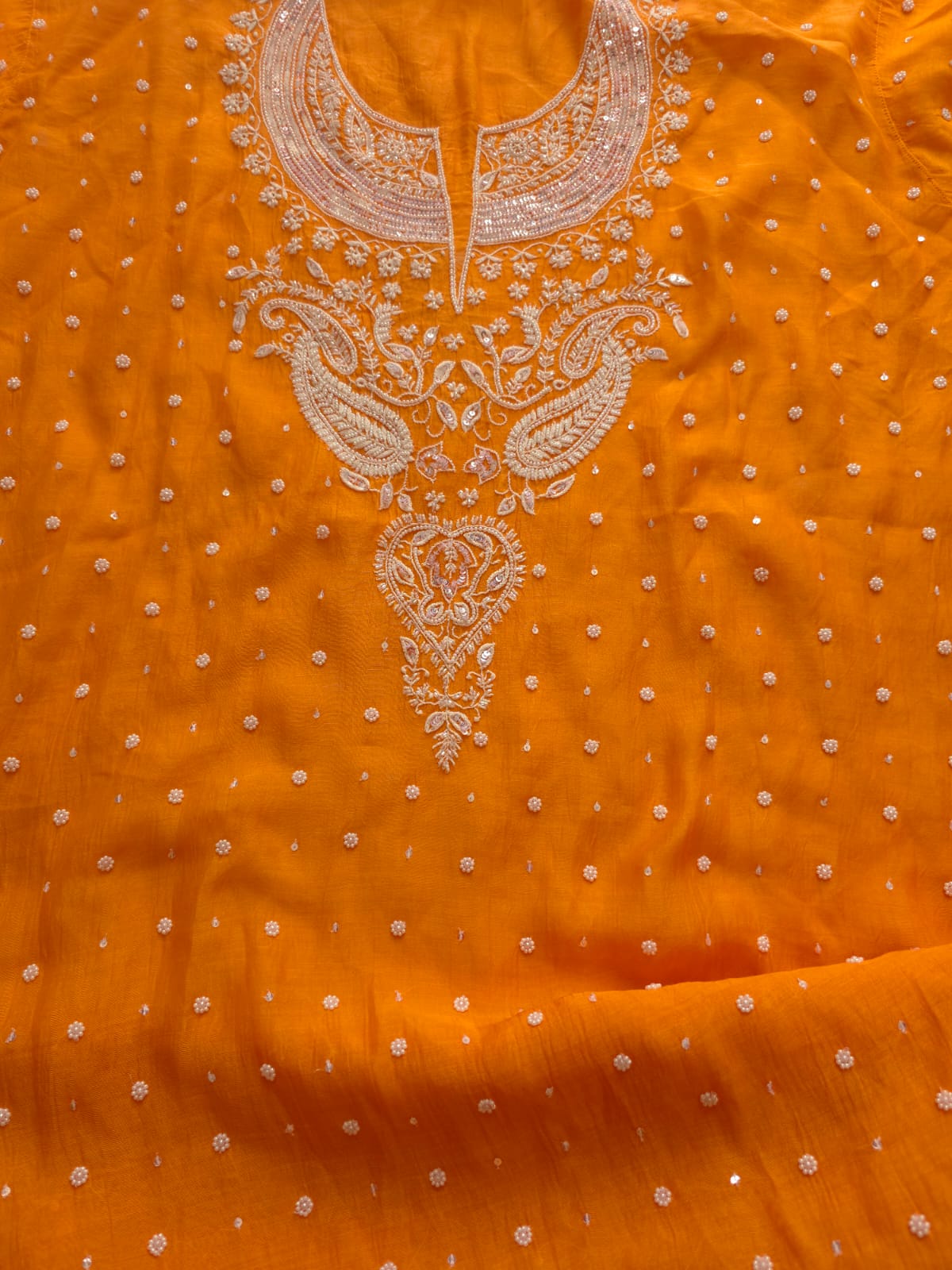 Orange Mul Chanderi Semi stitched kurta and dupatta set with Pearl Sequins work