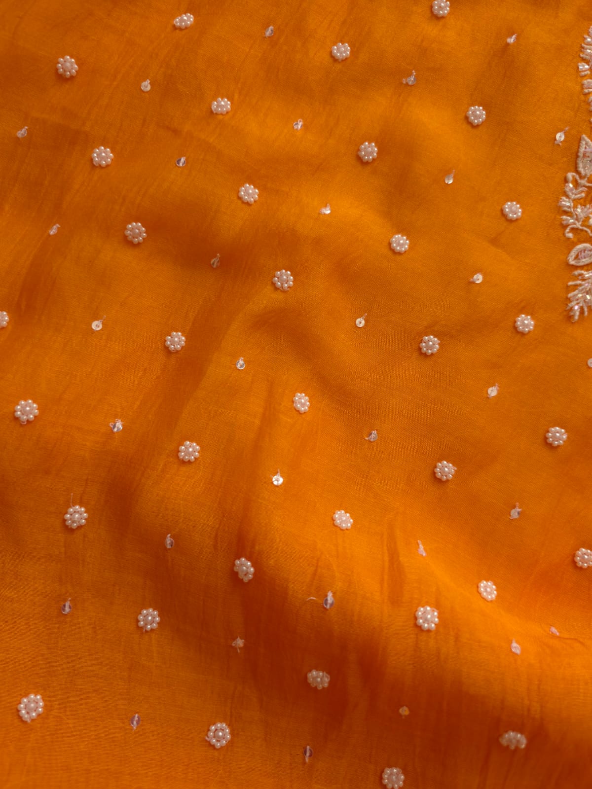 Orange Mul Chanderi Semi stitched kurta and dupatta set with Pearl Sequins work