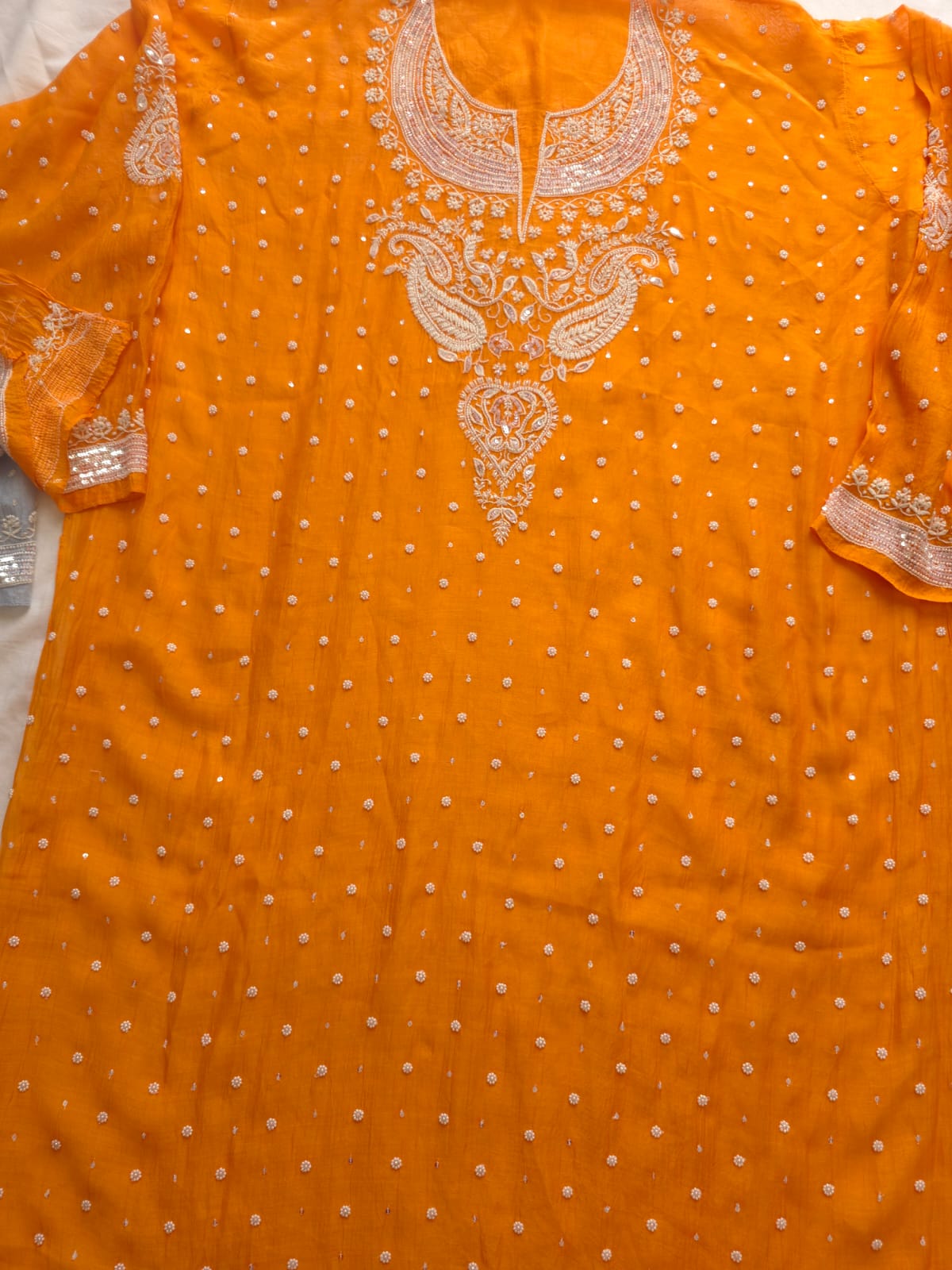 Orange Mul Chanderi Semi stitched kurta and dupatta set with Pearl Sequins work