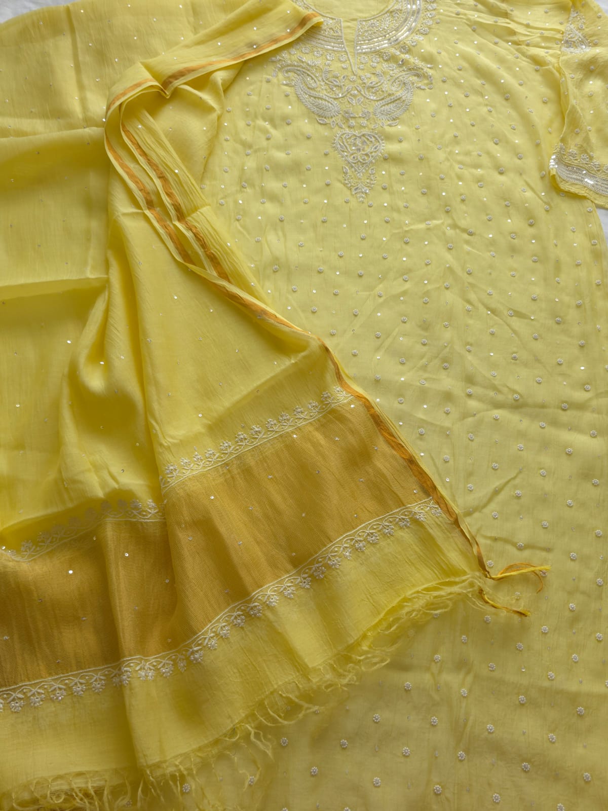 Lemon Yellow Mul Chanderi Semi Stitched kurta and dupatta with Pearl Sequins