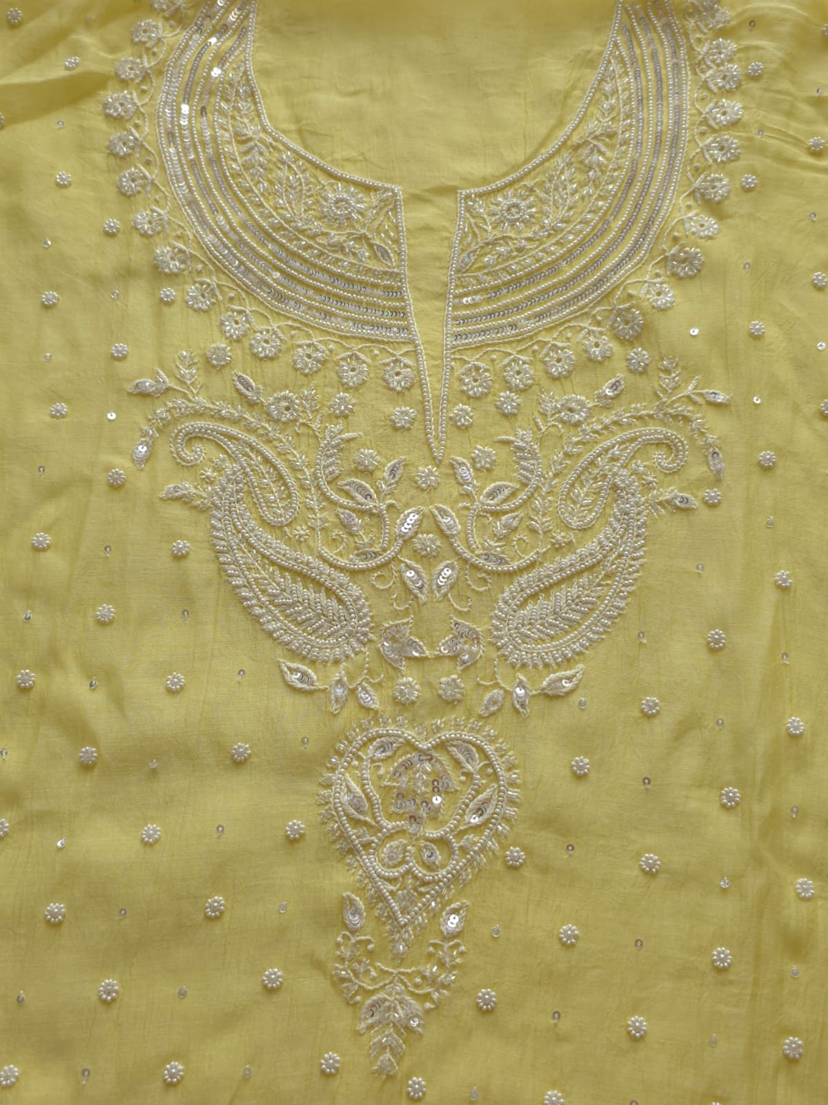 Lemon Yellow Mul Chanderi Semi Stitched kurta and dupatta with Pearl Sequins