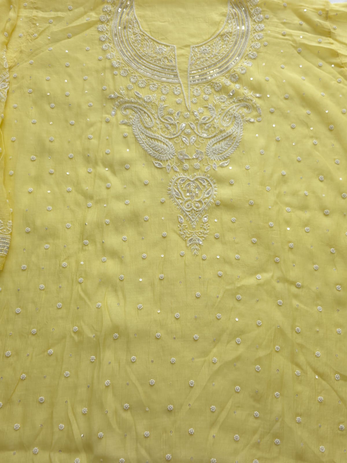 Lemon Yellow Mul Chanderi Semi Stitched kurta and dupatta with Pearl Sequins