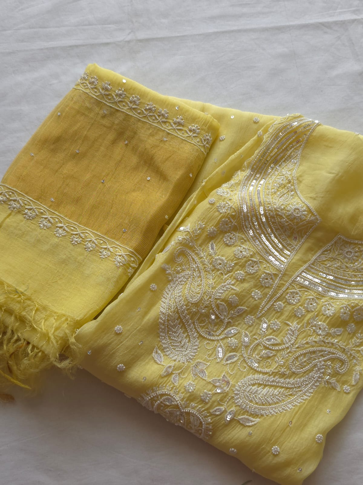 Lemon Yellow Mul Chanderi Semi Stitched kurta and dupatta with Pearl Sequins