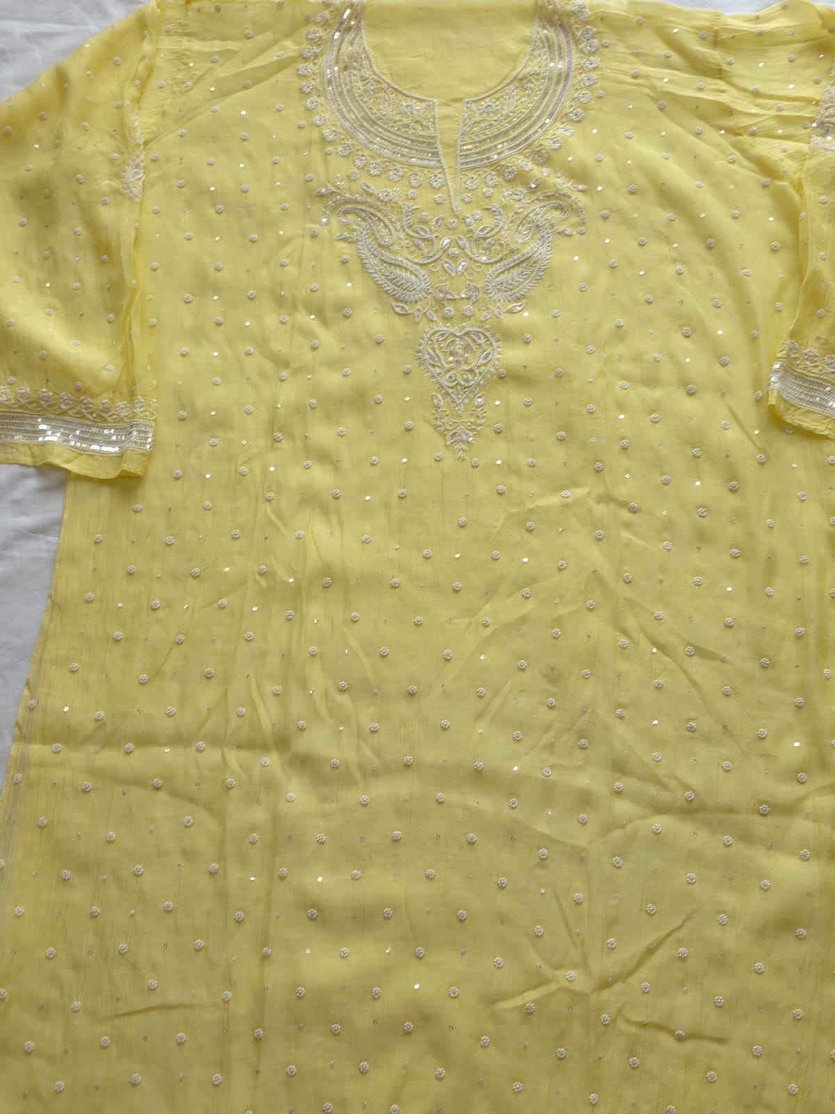 Lemon Yellow Mul Chanderi Semi Stitched kurta and dupatta with Pearl Sequins