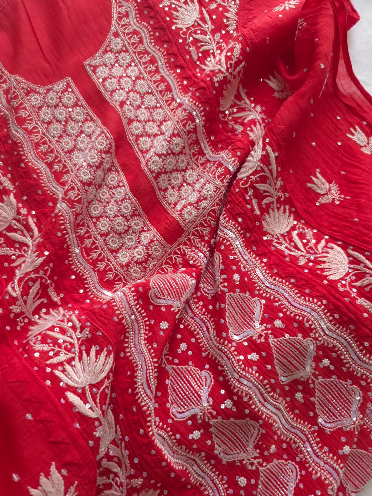 Watermelon Red Mul Chanderi Kurta and Dupatta set with handwork and embellishments