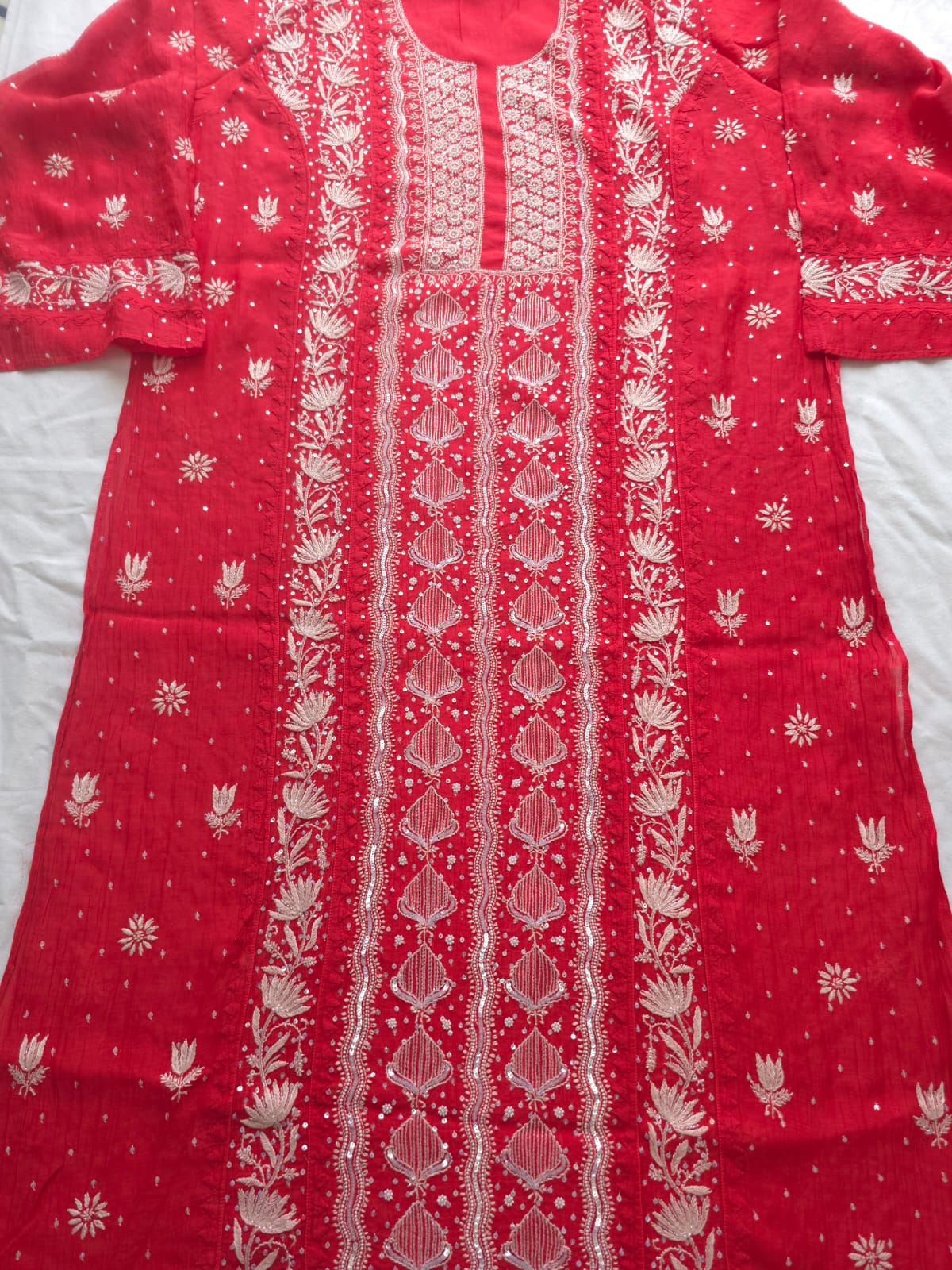 Watermelon Red Mul Chanderi Kurta and Dupatta set with handwork and embellishments
