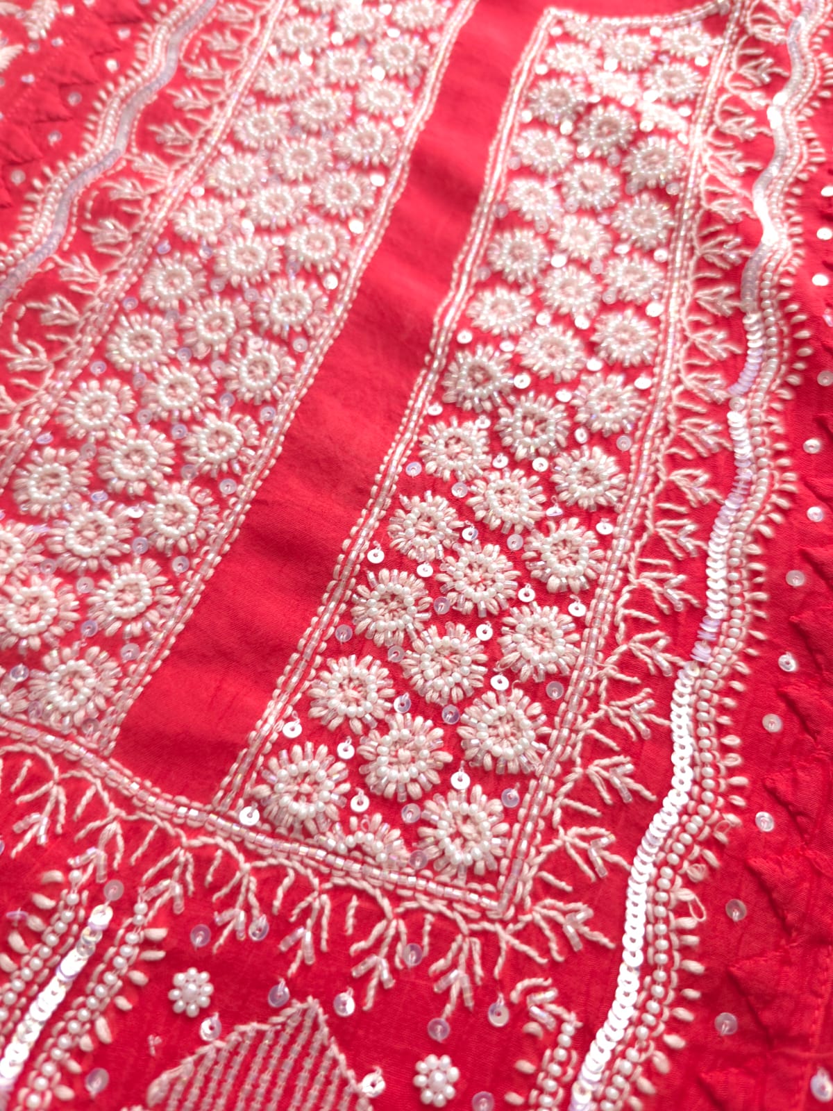 Watermelon Red Mul Chanderi Kurta and Dupatta set with handwork and embellishments