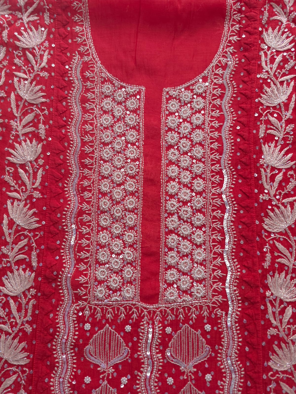 Watermelon Red Mul Chanderi Kurta and Dupatta set with handwork and embellishments