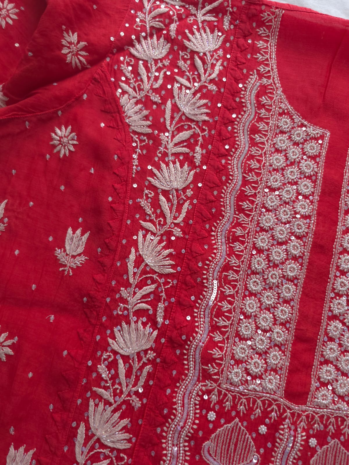 Watermelon Red Mul Chanderi Kurta and Dupatta set with handwork and embellishments